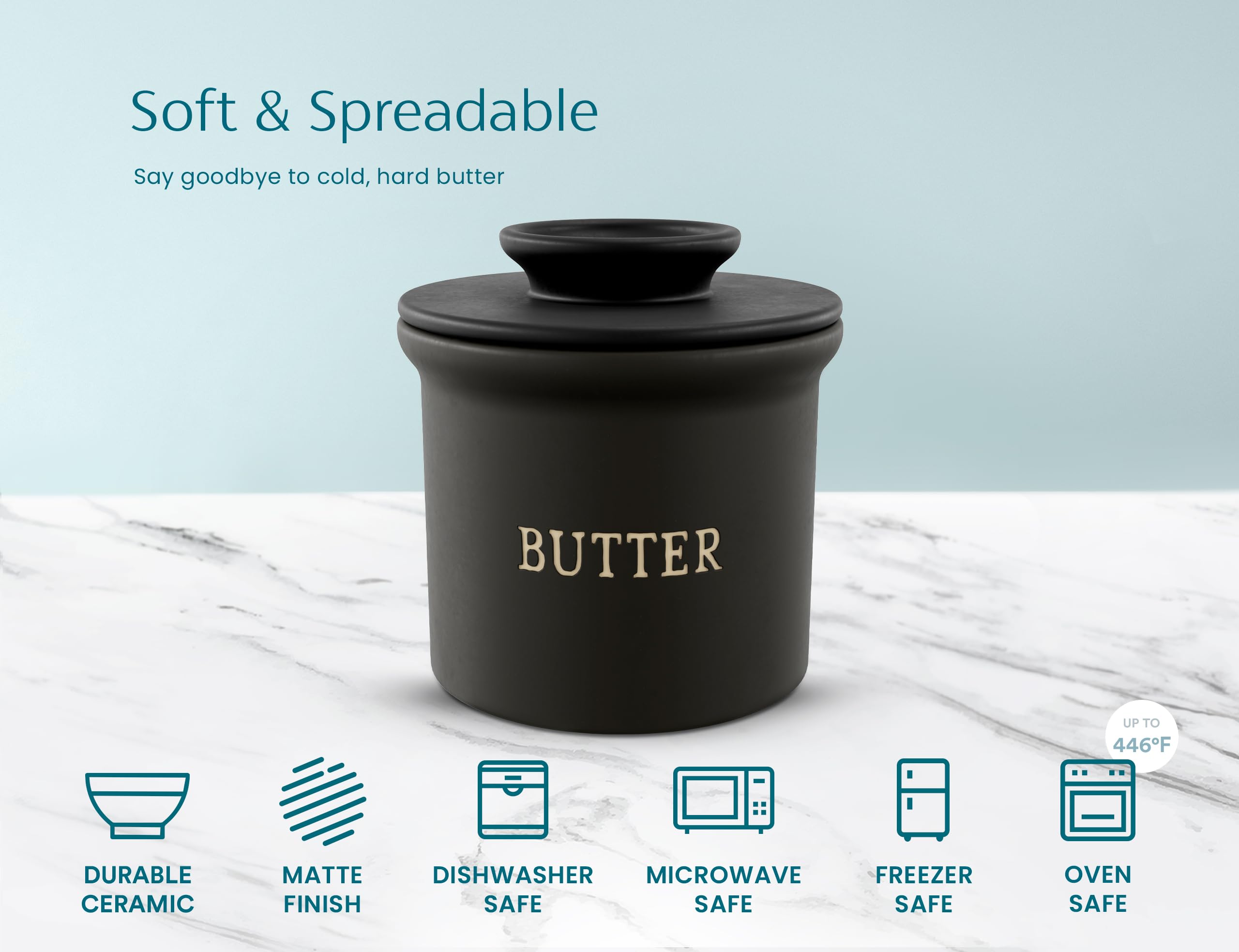 Kook Butter Crock with Lid, Soft Spreadable Butter, Ceramic French Butter Keeper to Leave On Counter with Water Line, Butter Dis